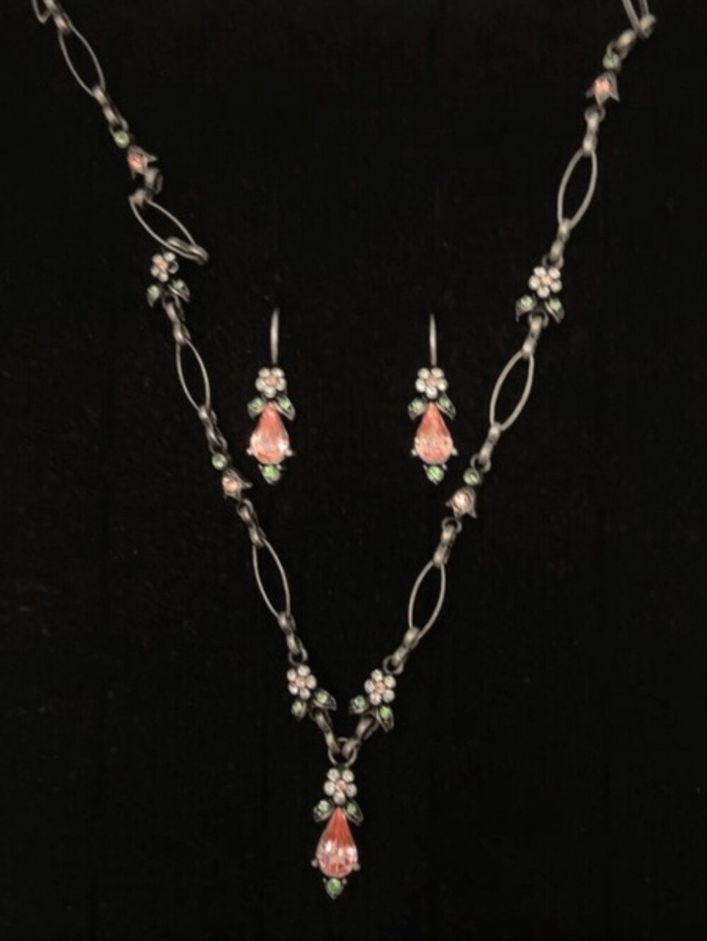 Sweet Romance USA Pink Crystal Floral Necklace Earrings Set Vintage Style